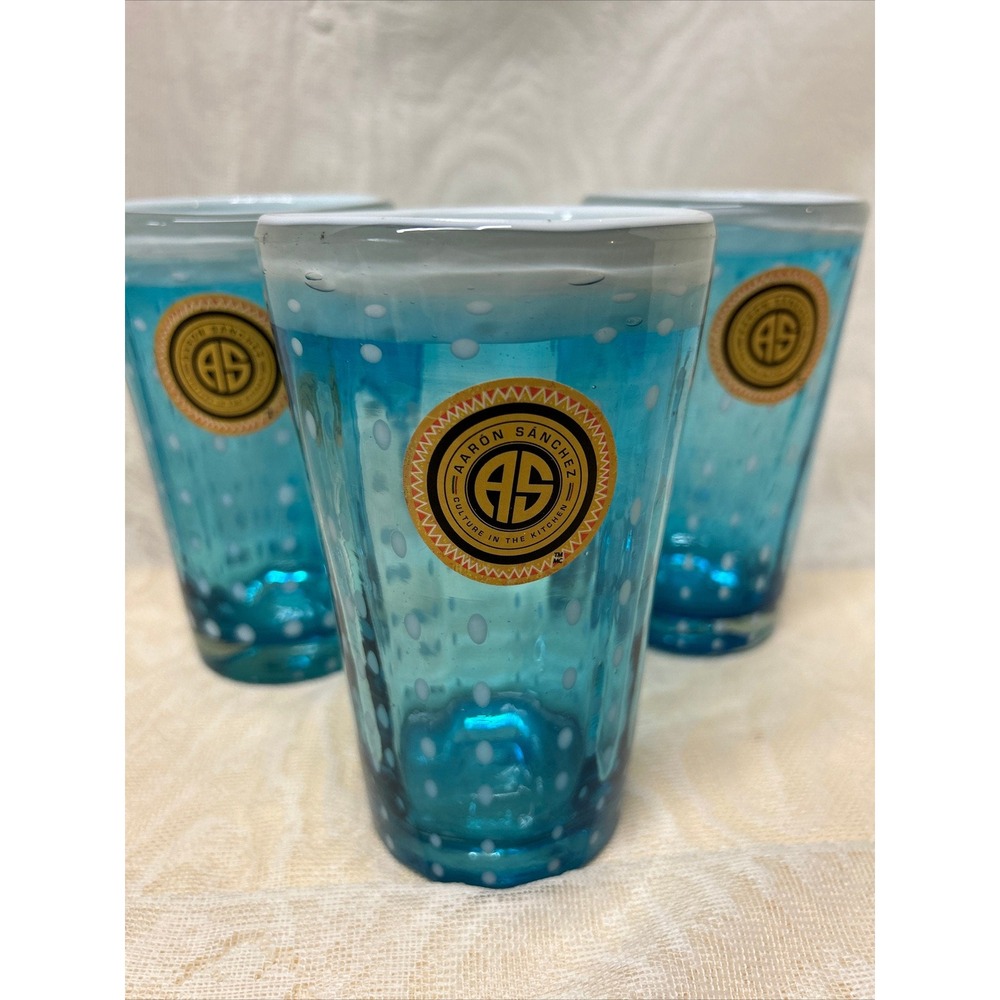 Handblown Turquoise With White Dots Drinking Glass Aaron‎ Sanchez New With Label